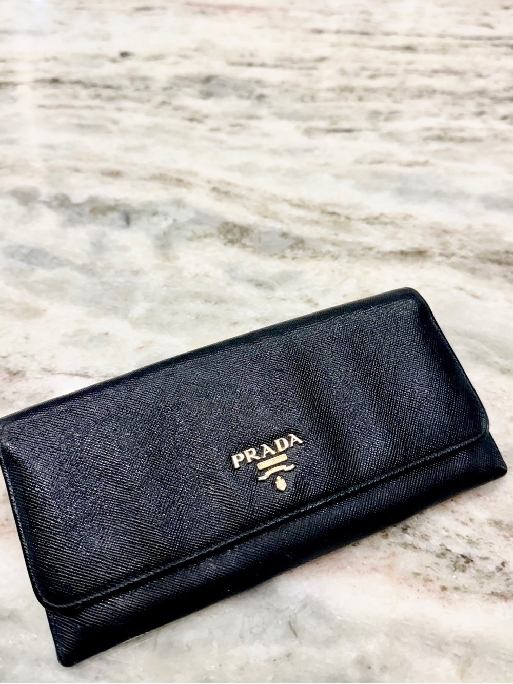 Prada Authentic Black Saffiano Leather Flap Wallet with Gold Logo